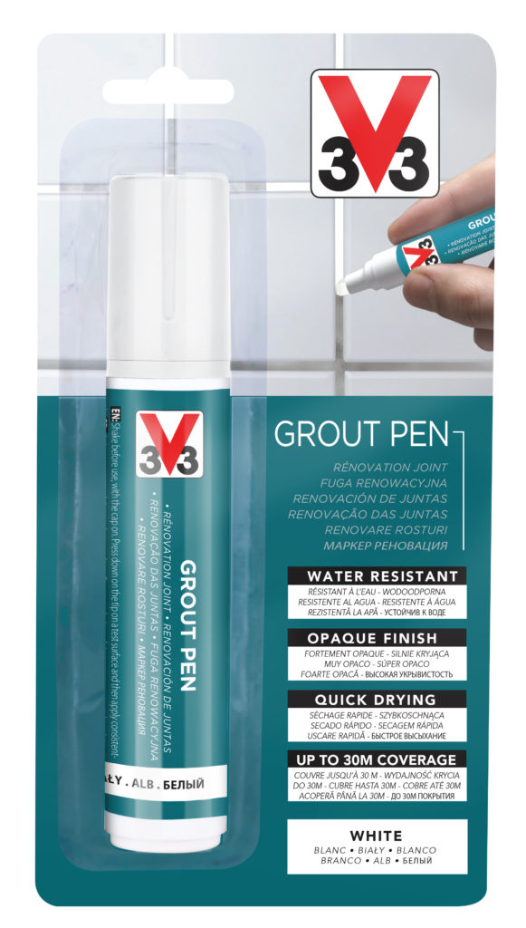 V33 Grout Pen white tile grout renovator pen with water-resistant opaque finish.