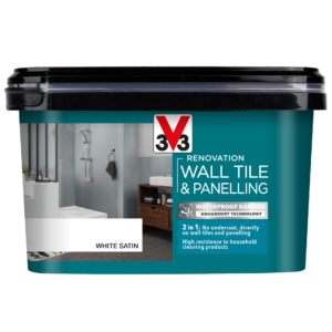 2L tub of V33 Wall Tile & Panelling Paint in white satin finish, showing no undercoat required label. With Aquaresist Technology - waterproof, durable formula for high resistance to moisture, stains and everyday wear and cleaning products.