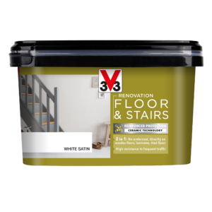 2L tub of V33 Floor & Stairs Paint in white satin finish, showing no undercoat required label. With durable, hardwearing formula for high resistance to scratches, stains and heavy foot traffic.
