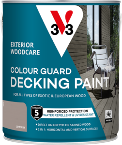 2.5L tin of V33 Colour Guard Decking Paint in Light Silver finish, showing reinforced protection label. Water and UV-resistant formula with durable colour, an anti-slip finish and a 5-year guarantee.