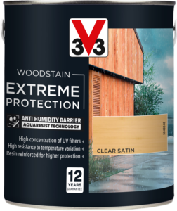 2.5L tin of V33 Extreme Protection Woodstain in Clear Satin finish, showing 12-year guarantee and Aquaresist Technology label. Waterproof formula for long-lasting protection of vertical exterior wood.