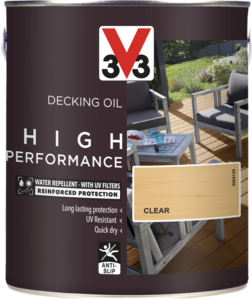 2.5L tin of V33 High Performance Decking Oil in Clear matt finish, showing reinforced protection label. Water and UV-resistant formula with long-lasting protection, quick drying and an anti-slip finish.