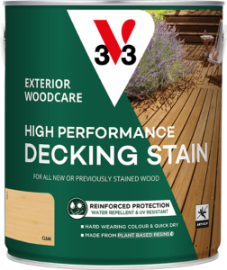 2.5L tin of V33 High Performance Decking Stain in Clear Matt finish, showing reinforced protection label. With a biosourced formula for long-lasting weather protection, hard-wearing colour and an anti-slip finish.