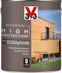 2.5L tin of V33 High Protection Woodstain in Clear Satin finish, showing reinforced protection label. Water-repellent, UV-resistant formula with durable colour and an 8-year guarantee.