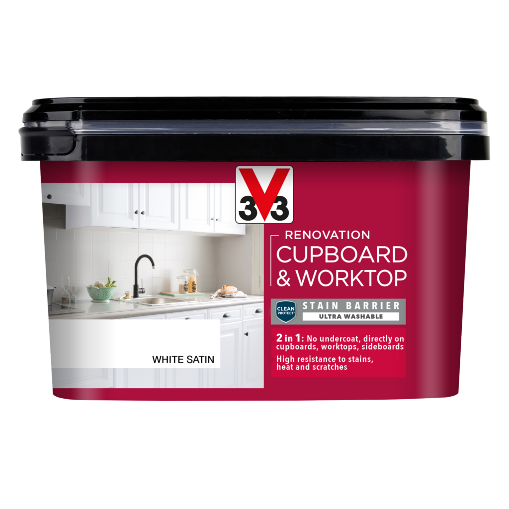 2L tub of V33 Renovation Cupboard and Worktop paint in White Satin finish, showing 2-in-1 no undercoat required label