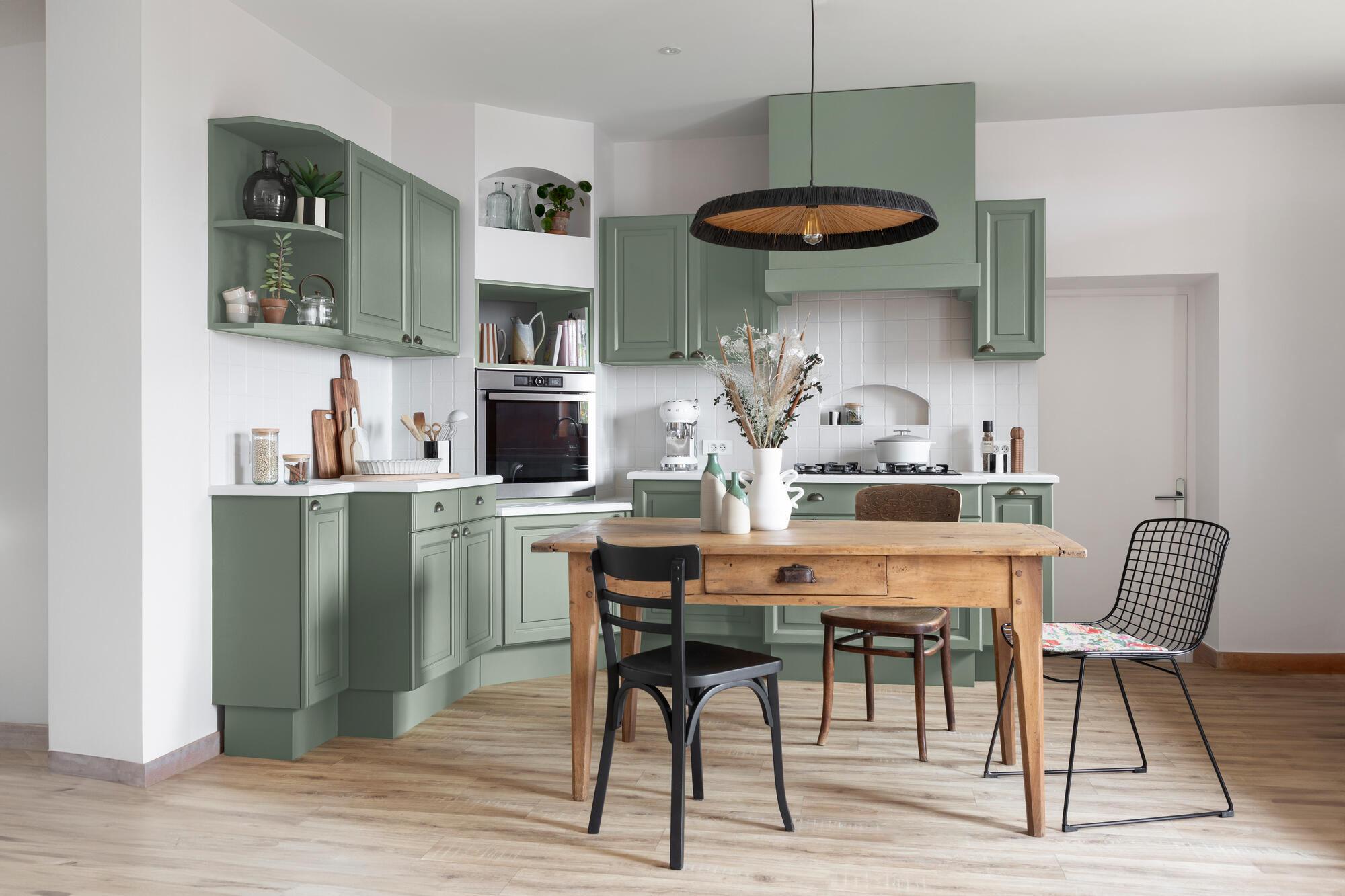 V33 Renovation Cupboard & Worktop paint in Agave Green Satin on cupboards in a modern kitchen setting.