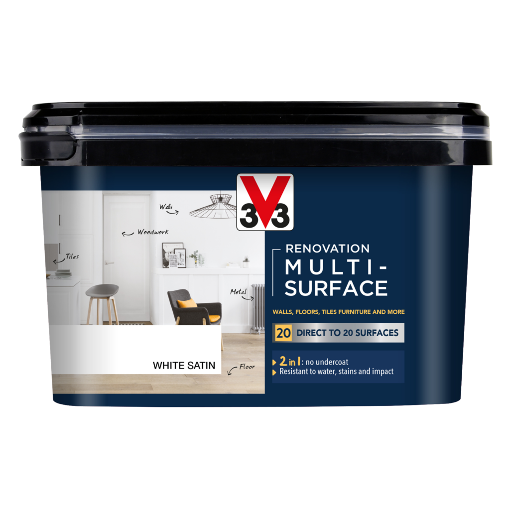 2L tub of V33 Multi-Surface Paint in white satin finish, showing no undercoat required label. With durable formula for high adhesion on multiple surfaces including wood, metal and plastic.