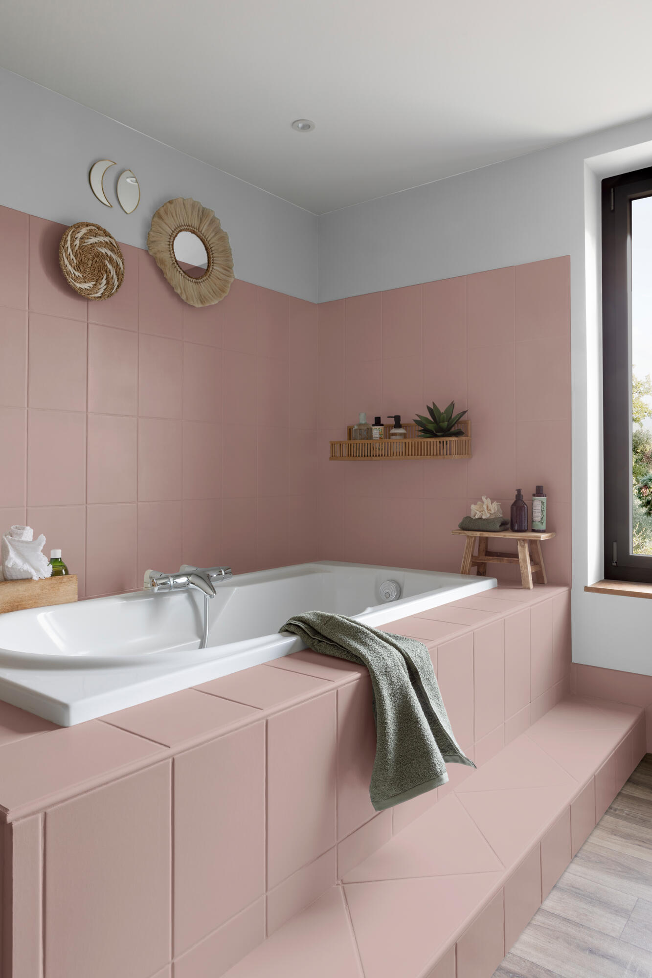V33 Wall Tile Paint in Powder Pink satin on bathroom tiles in a modern bathroom setting.