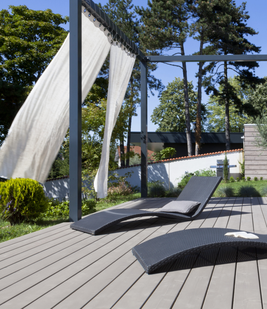 Wooden decking painted with V33 Colour Guard Decking Paint in Light Silver matt, providing durable colour, water and UV-resistant protection with an anti-slip finish.