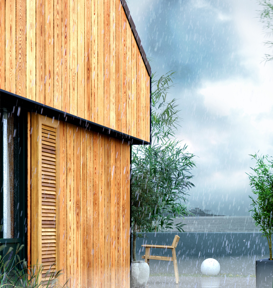 Modern home with vertical timber cladding finished with V33 Extreme Protection Woodstain in Clear Satin, providing waterproof protection and a durable finish with a 12-year guarantee.