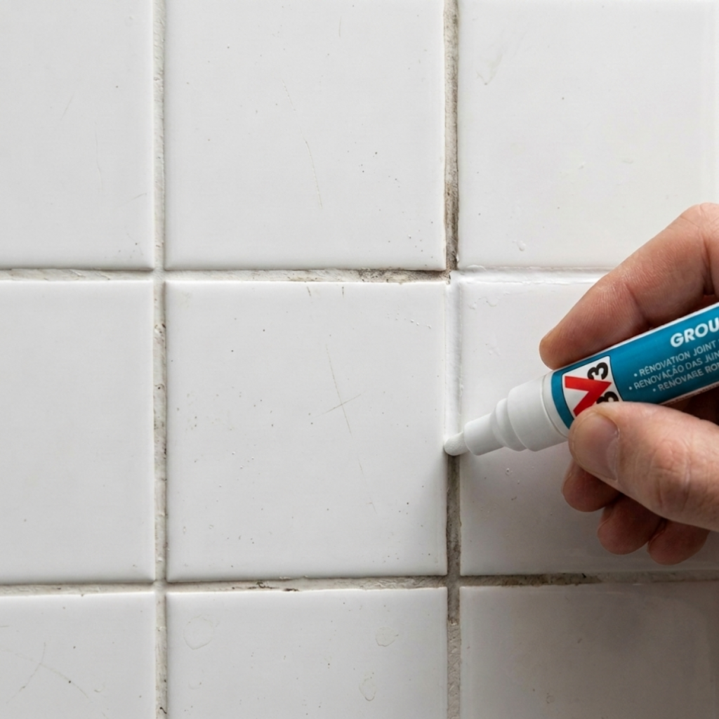 Applying V33 Grout Pen to restore white tile grout with a clean, water-resistant finish.