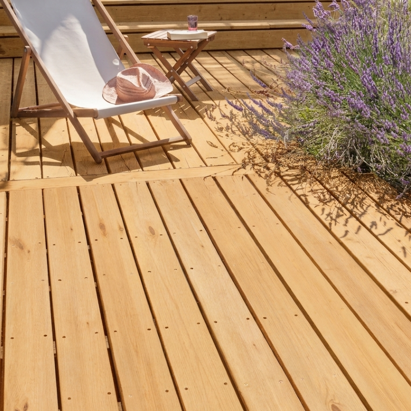 Wooden decking finished with High Performance V33 Decking Stain in Clear Matt, providing long-lasting weather protection, durable colour and an anti-slip finish.