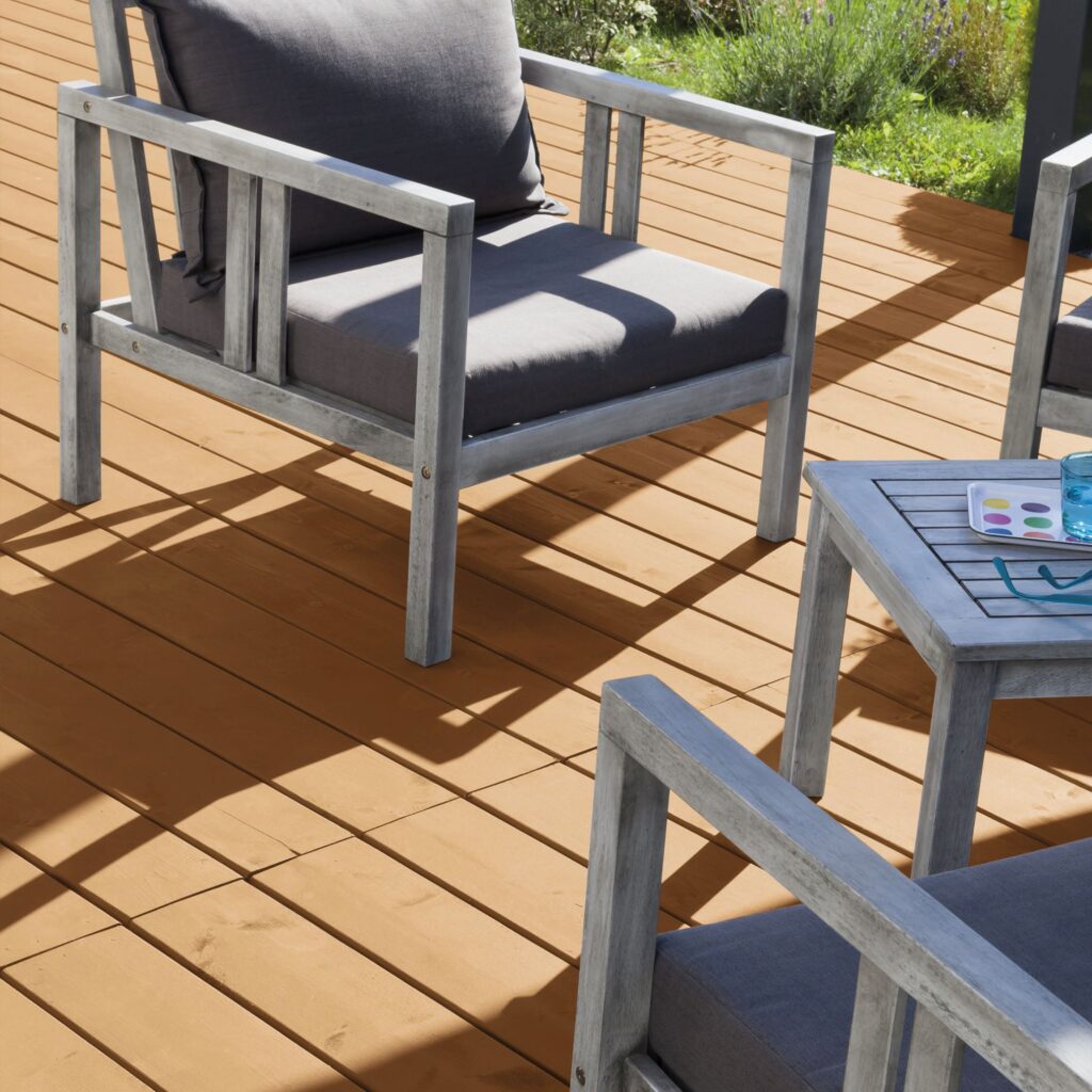 Wooden decking treated with V33 High Performance Decking Oil in Clear matt, providing water and UV-resistant protection with a quick-drying, anti-slip finish.