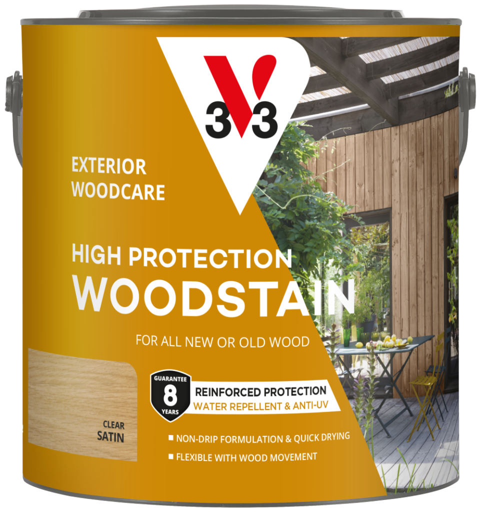2.5L tin of V33 High Protection Woodstain in Clear Satin finish, showing reinforced protection label. Water-repellent, UV-resistant formula with durable colour and an 8-year guarantee.