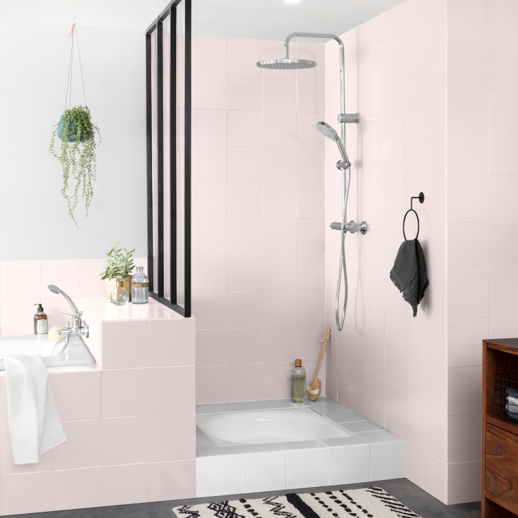 V33 Wall Tile in Powder Pink satin on bathroom tiles in a modern bathroom setting.
